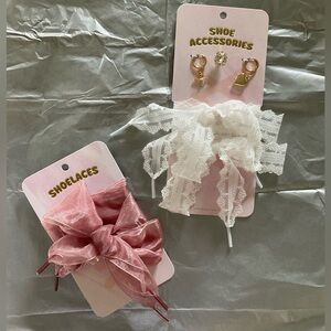 Anthropologie Lace & Taffeta Bow Shoe Accessories Set - White and Pink